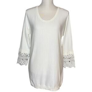 Talbots Cream Cotton/Rayon Lightweight Sweater with Crocheted Cuffs Size XS